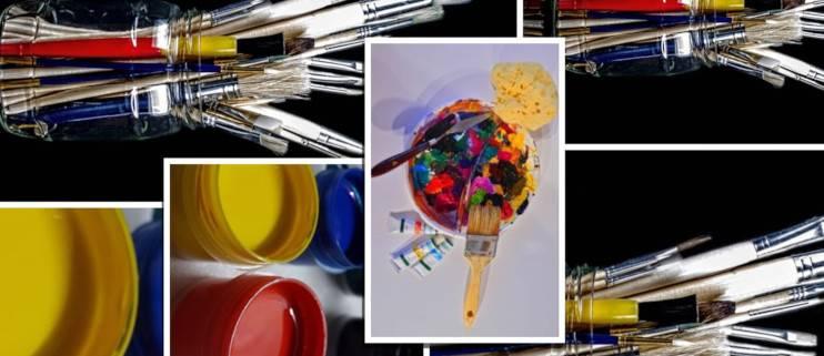 nuotraukų koliažas: geltoni, raudoni, mėlyni dažai, teptukai stiklinėse