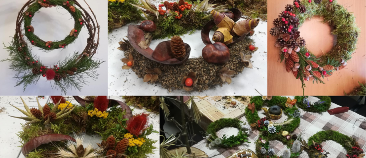kalėdinių vainikų nuotraukų koliažas