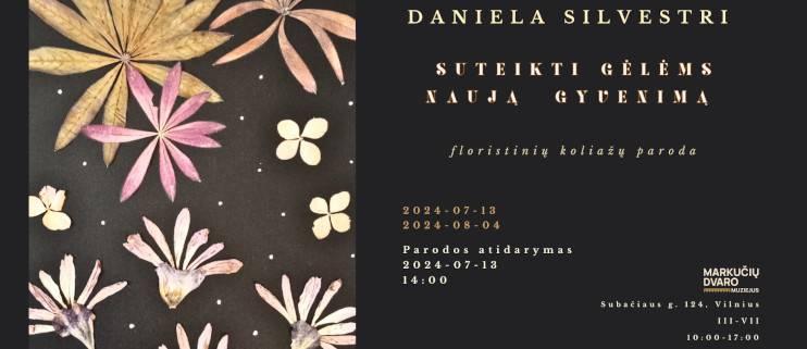 iš kairės koliažas - gėlės tamisame fone, iš dešinės šviesiomis raidėmis tamsiame fone pavadinimas